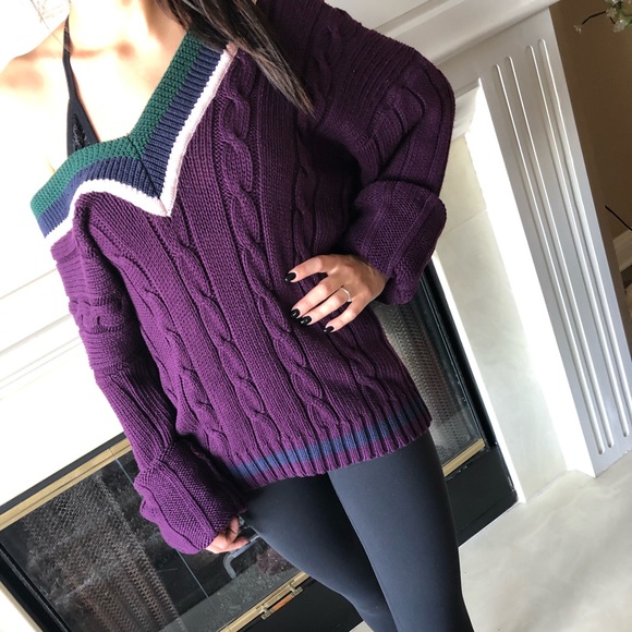 90s VTG purple cable knit cotton v neck sweater - Picture 2 of 5